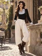 Vintage Striped Collar Fake Two-Piece Top & Wide Leg Pants Set