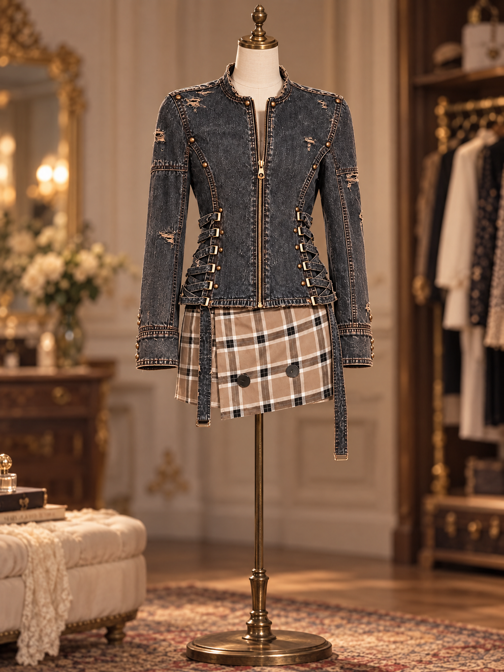 Vintage Lace-Up Rivet Distressed Denim Moto Jacket