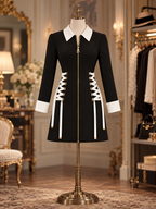 Vintage Hepburn Black Contrast Collar Gold Zip Side Lace Up Slim Dress