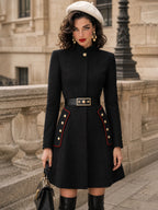 Vintage Red-Piped Military Belted Wool Dress