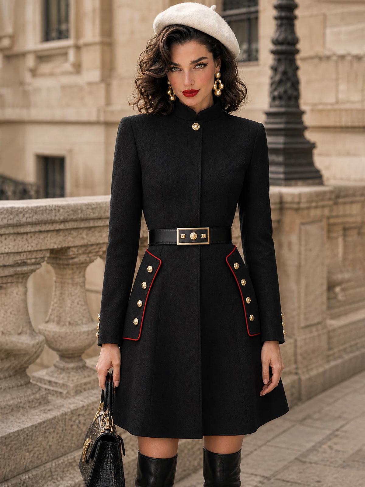Vintage Red-Piped Military Belted Wool Dress
