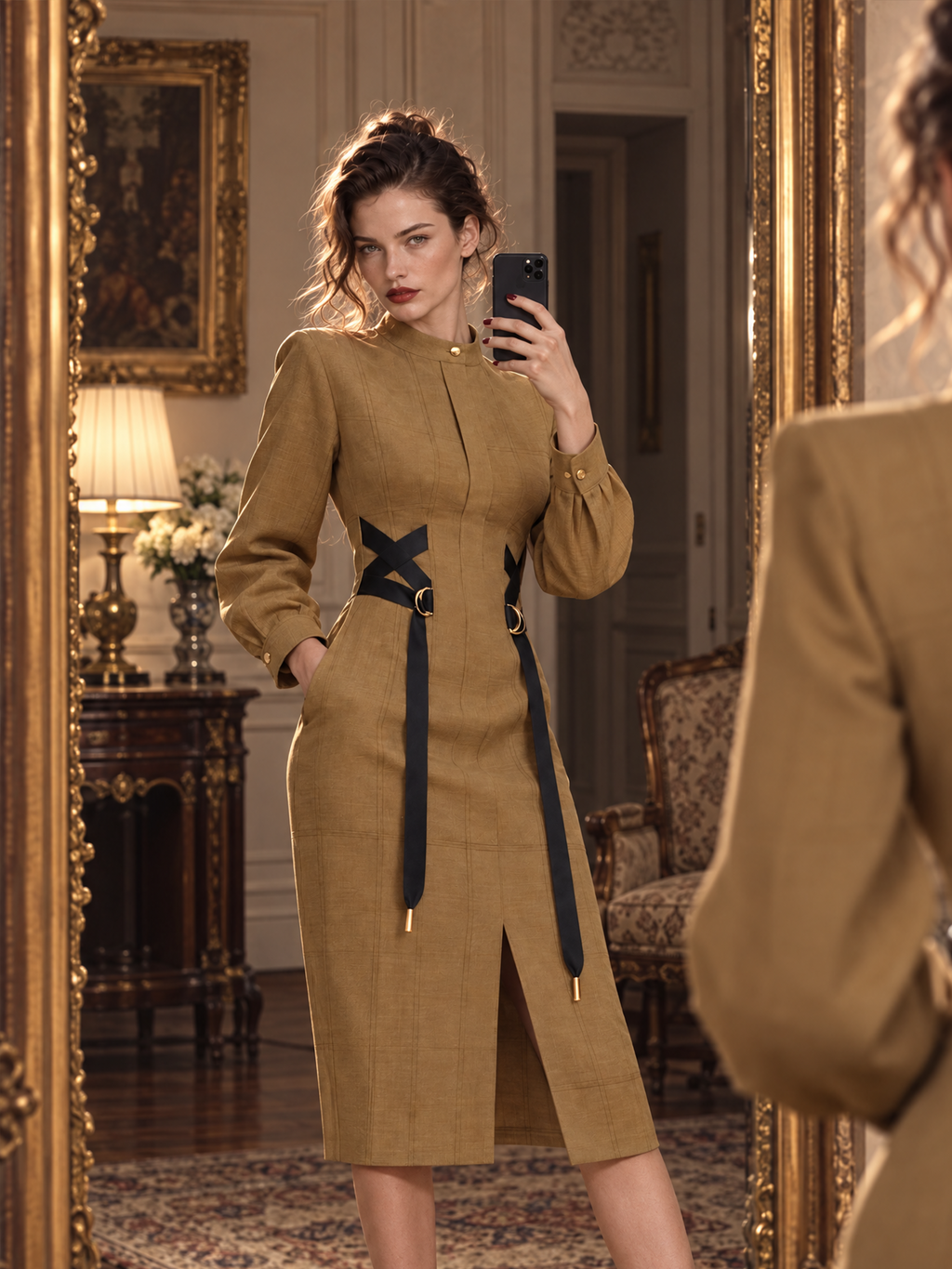 Vintage Slimming Stand Collar Side Webbing Lace-Up Midi Dress