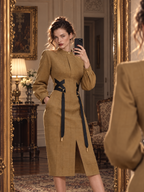 Vintage Slimming Stand Collar Side Webbing Lace-Up Midi Dress