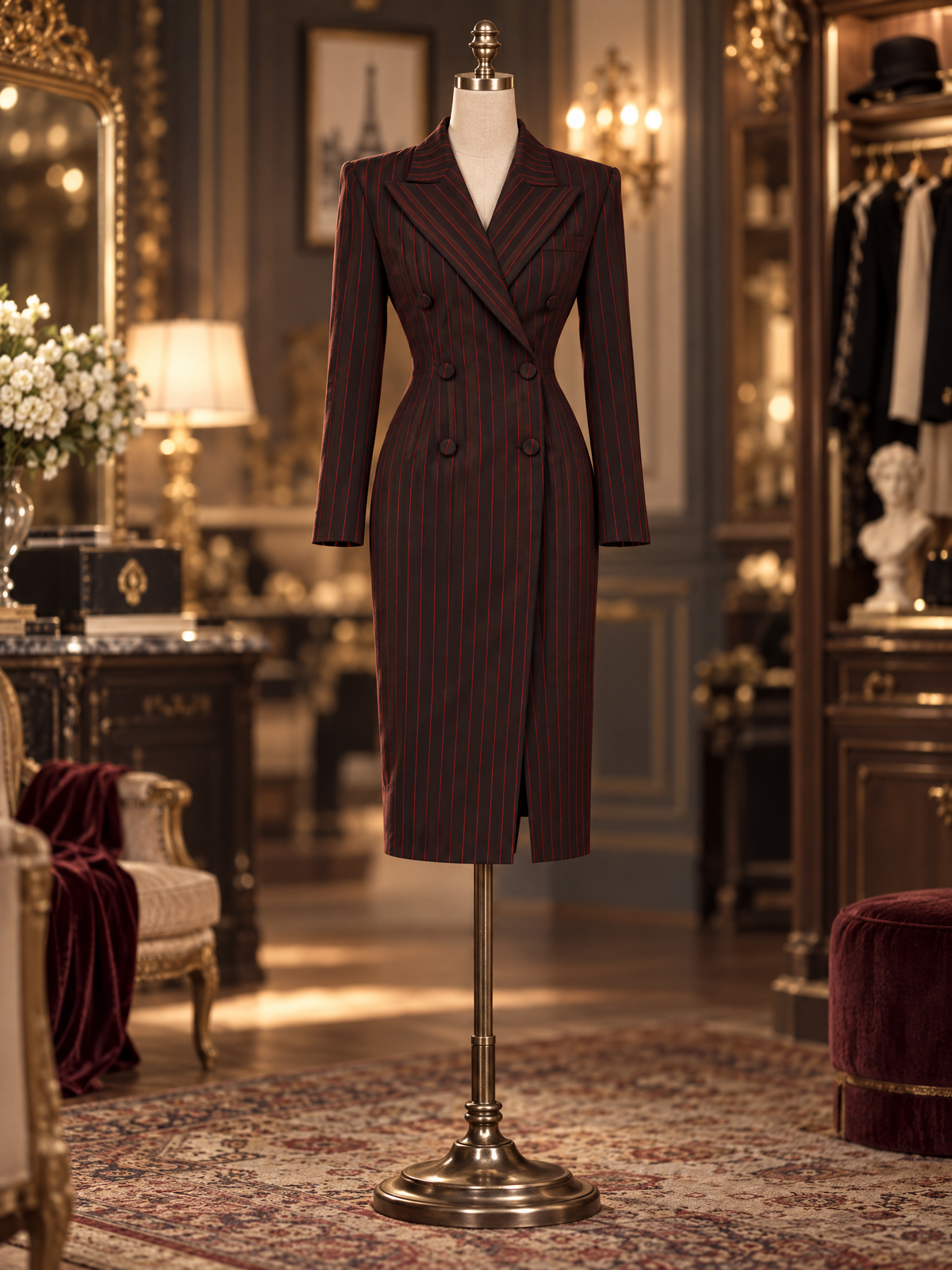 Vintage Slimming Striped Blazer Midi Dress Double Breasted