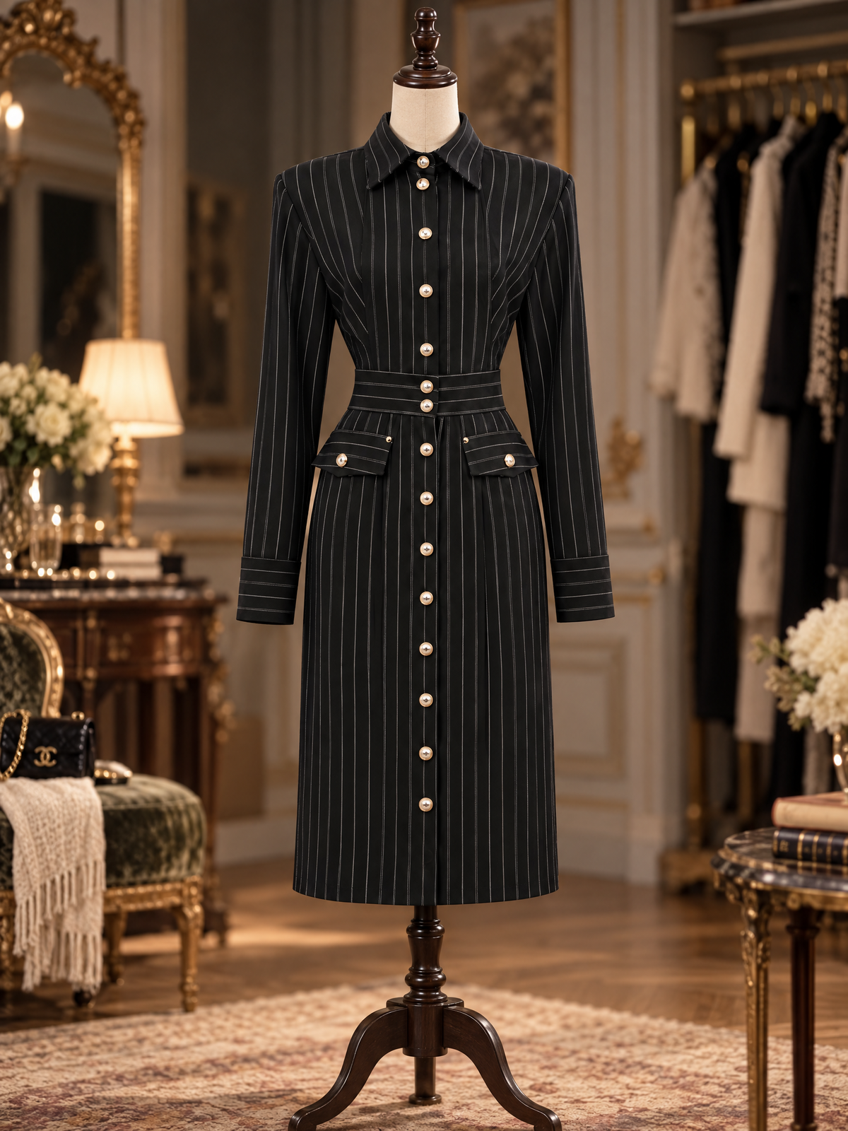 Vintage Slimming Vertical Striped Shirt Midi Dress
