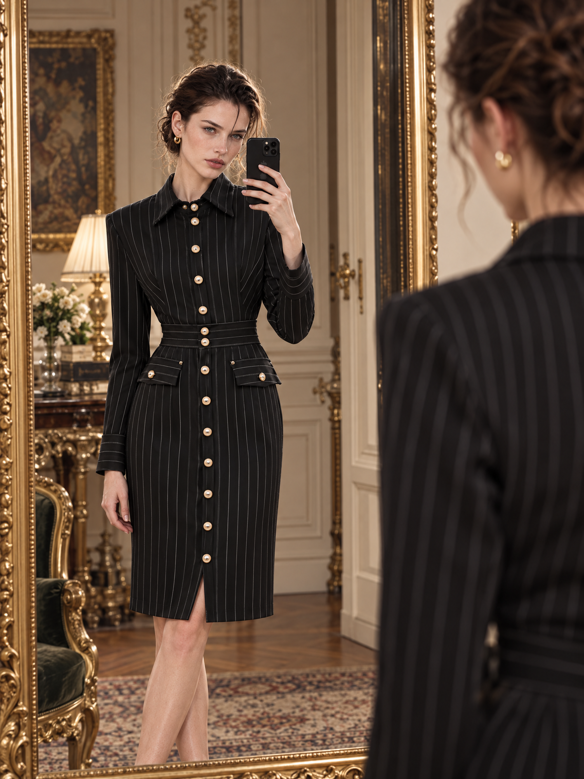 Vintage Slimming Vertical Striped Shirt Midi Dress