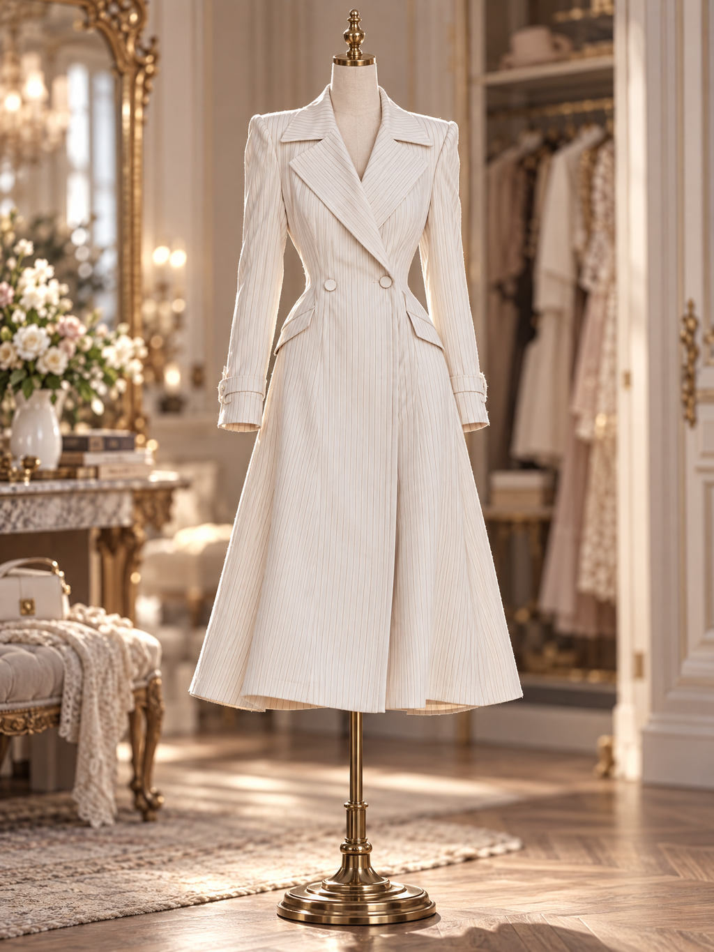 Striped Blazer Double Breasted Flared Coat Midi Dress