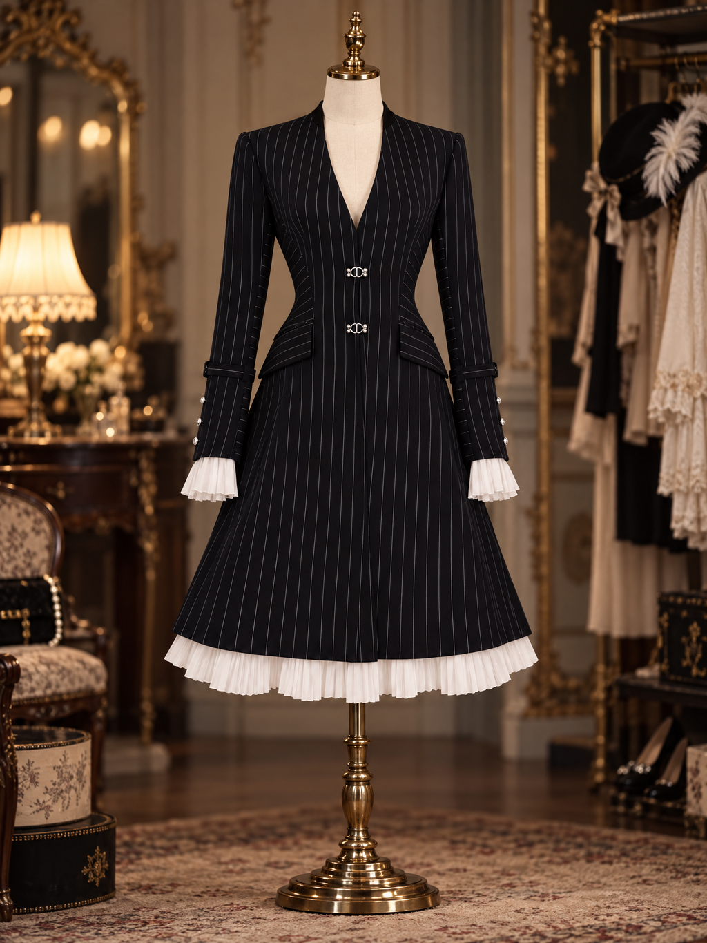 Vintage Slimming Pinstripe Contrast Pleat Hem Workwear Midi Dress