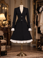 Vintage Slimming Pinstripe Contrast Pleat Hem Workwear Midi Dress