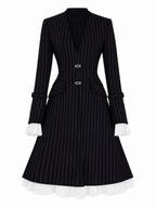 Vintage Slimming Pinstripe Contrast Pleat Hem Workwear Midi Dress