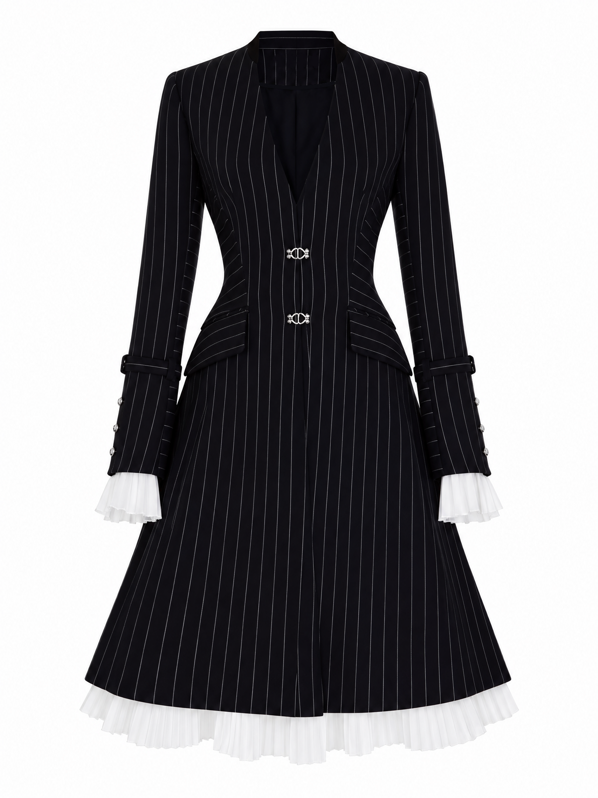 Vintage Slimming Pinstripe Contrast Pleat Hem Workwear Midi Dress