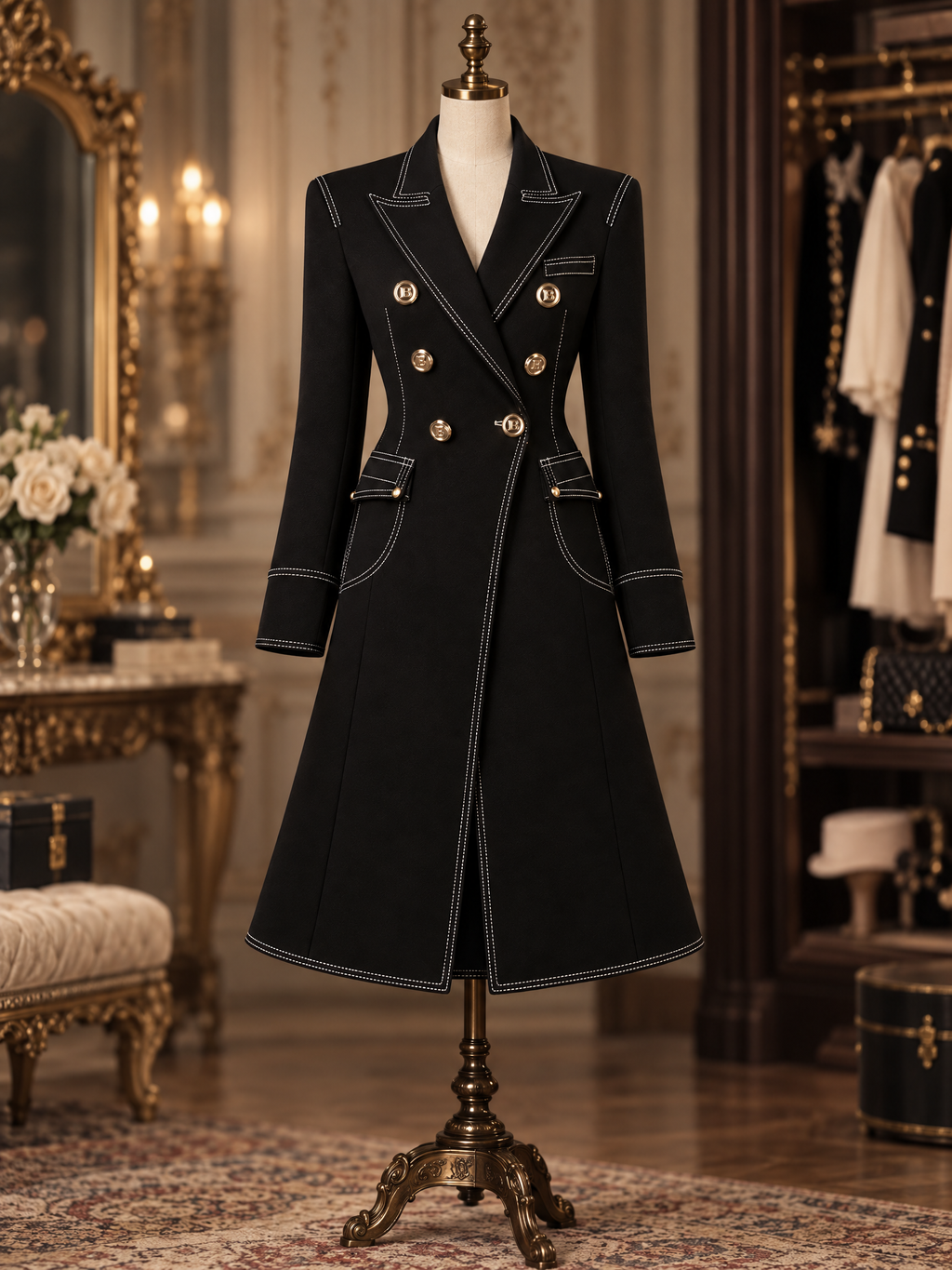 Vintage Slimming Lapel Collar Double Breasted Stitched Trim Maxi Coat