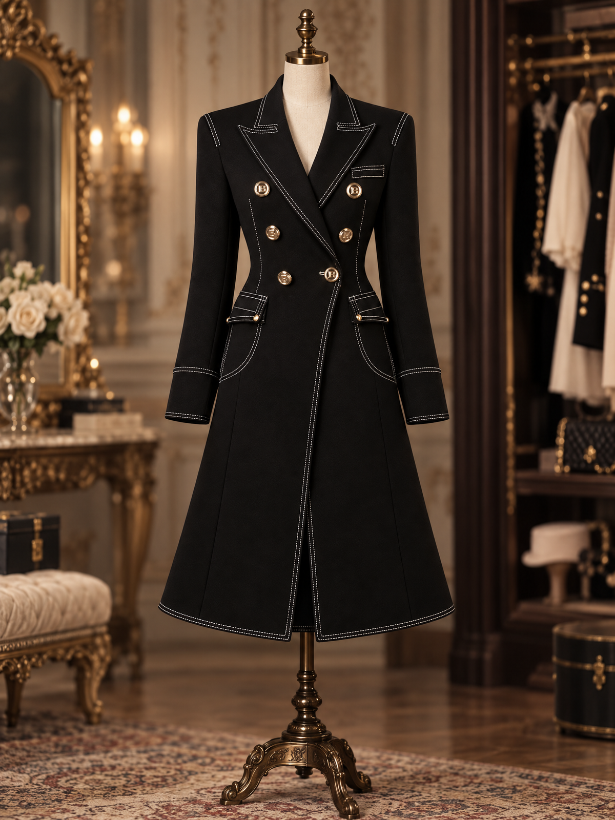 Vintage Slimming Lapel Collar Double Breasted Stitched Trim Maxi Coat
