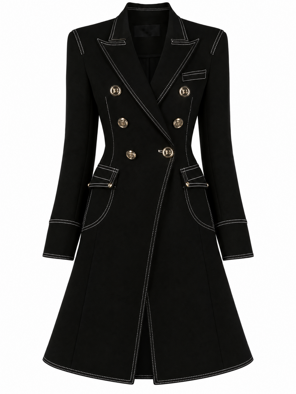 Vintage Slimming Lapel Collar Double Breasted Stitched Trim Maxi Coat
