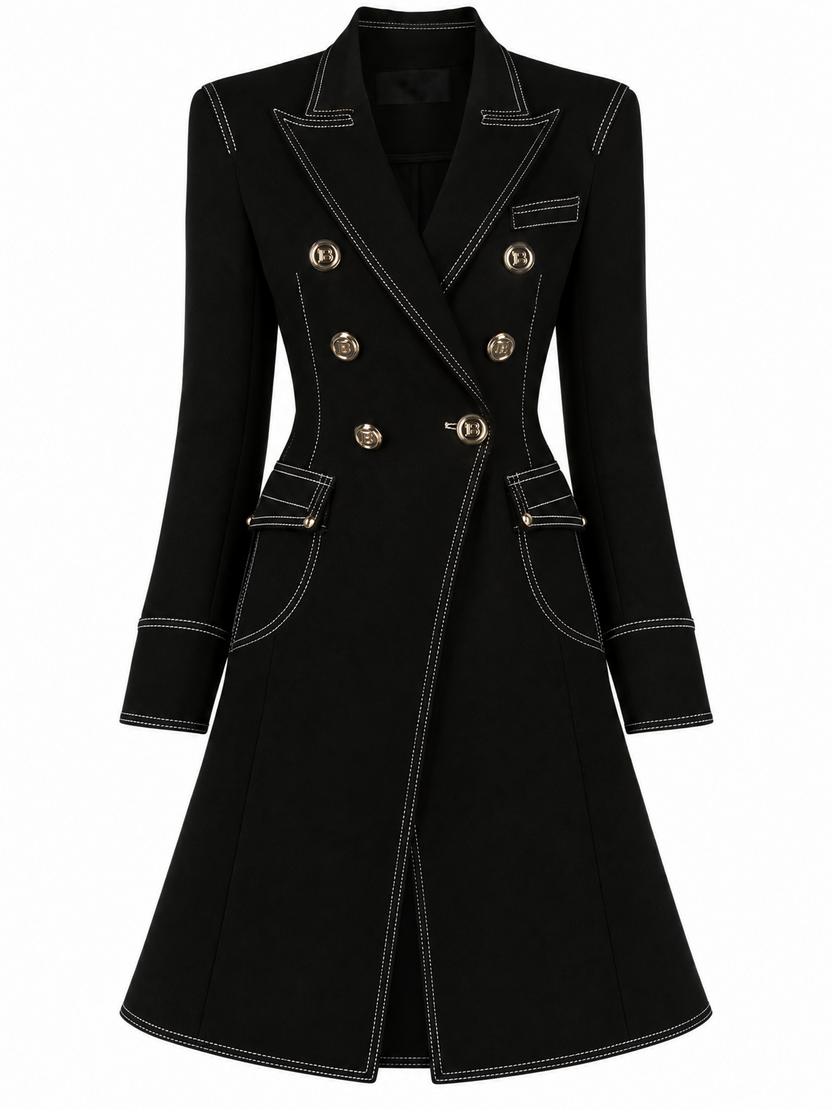 Vintage Slimming Lapel Collar Double Breasted Stitched Trim Maxi Coat