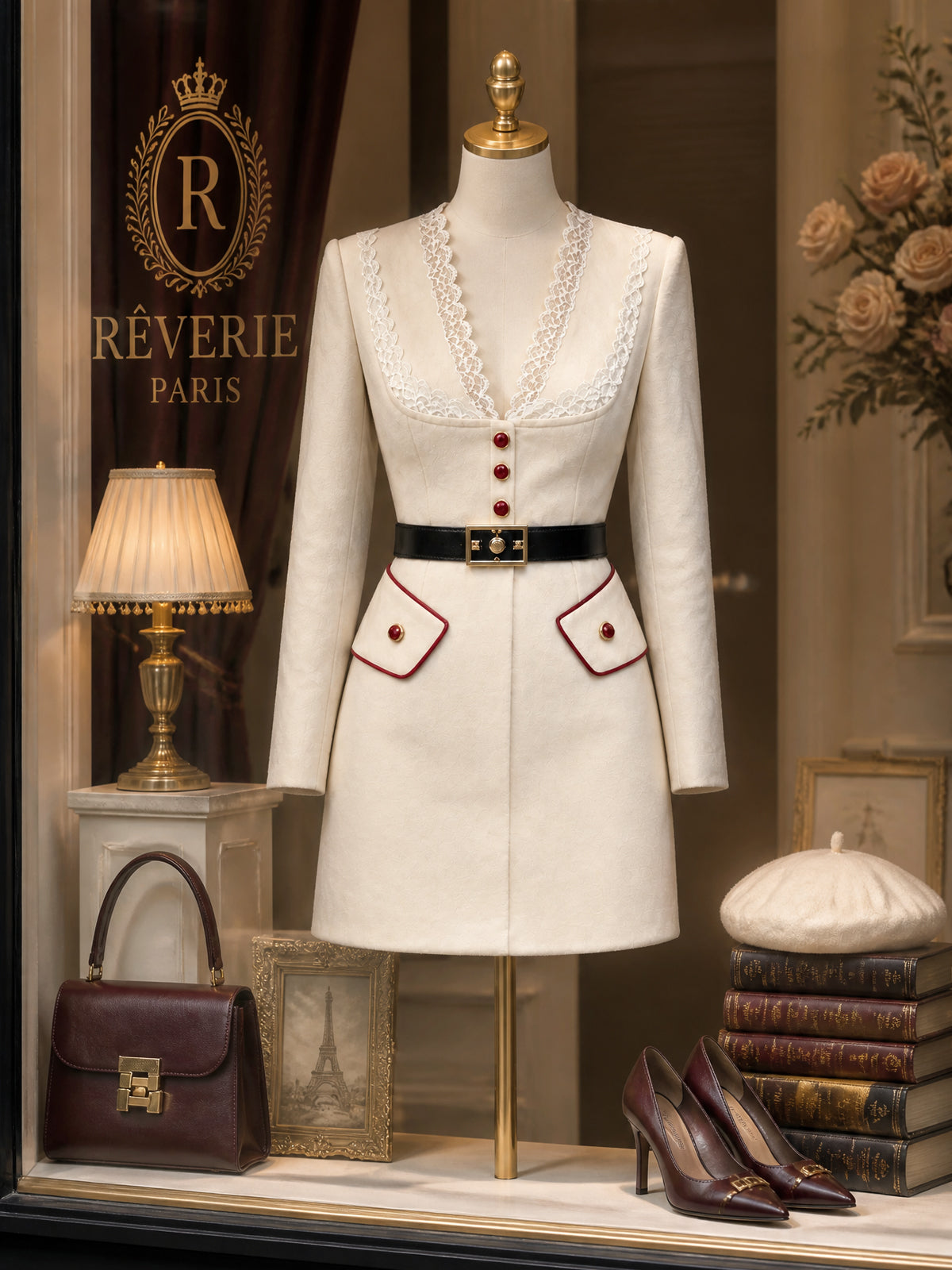 Vintage Lace-Trim Belted Wool Mini Dress