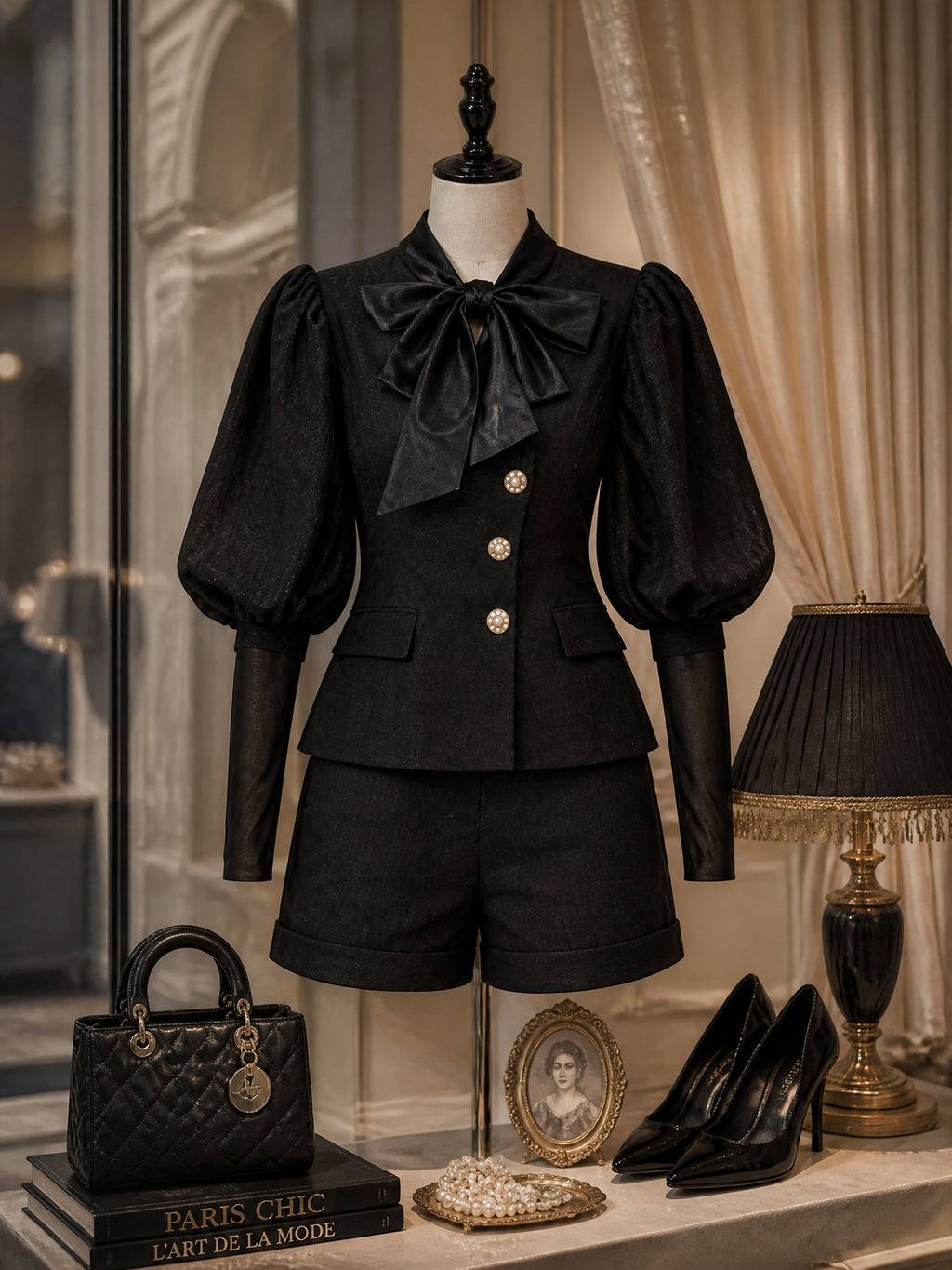 Vintage Bow-Tie Puff-Sleeve Jacket Shorts Set