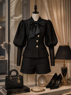 Vintage Bow-Tie Puff-Sleeve Jacket Shorts Set