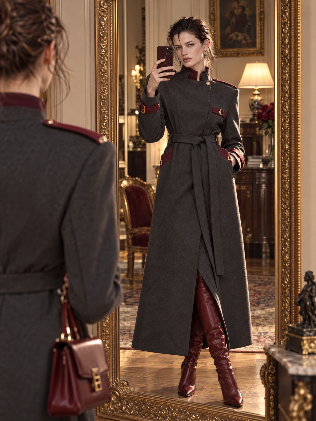 Vintage Slimming Epaulet Contrast Trim Belted Long Single-Faced Wool Coat