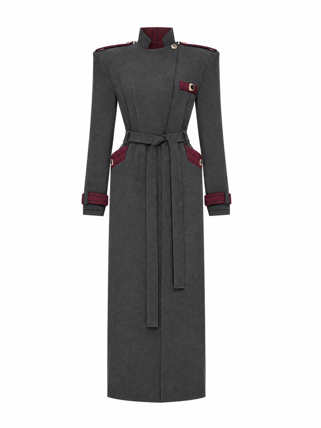 Vintage Slimming Epaulet Contrast Trim Belted Long Single-Faced Wool Coat