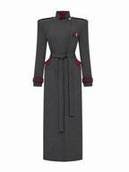 Vintage Slimming Epaulet Contrast Trim Belted Long Single-Faced Wool Coat