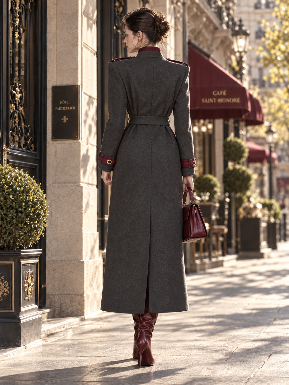 Vintage Slimming Epaulet Contrast Trim Belted Long Single-Faced Wool Coat