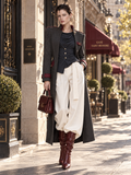 Vintage Slimming Epaulet Contrast Trim Belted Long Single-Faced Wool Coat