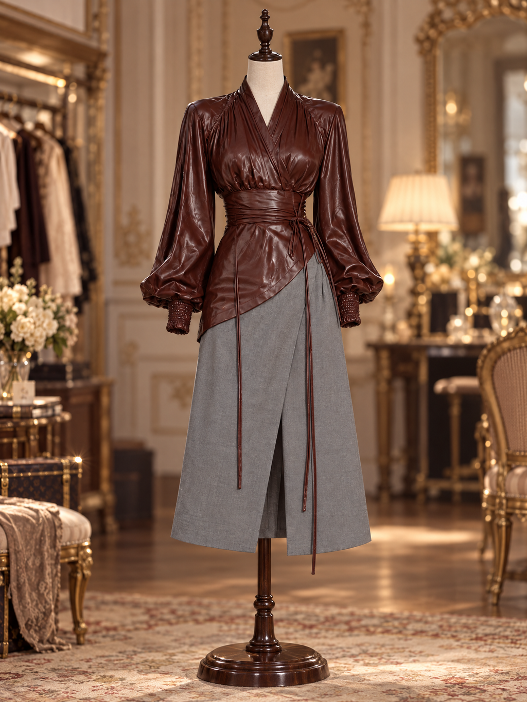 Vintage Slimming PU Leather Panel Belted Midi Dress