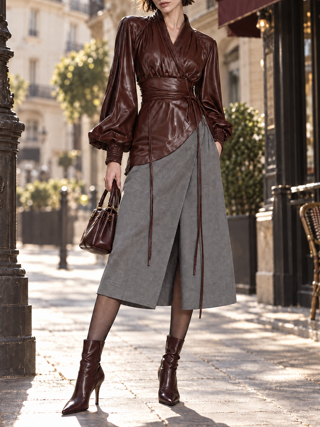 Vintage Slimming PU Leather Panel Belted Midi Dress