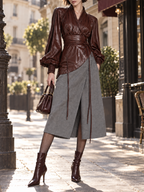 Vintage Slimming PU Leather Panel Belted Midi Dress