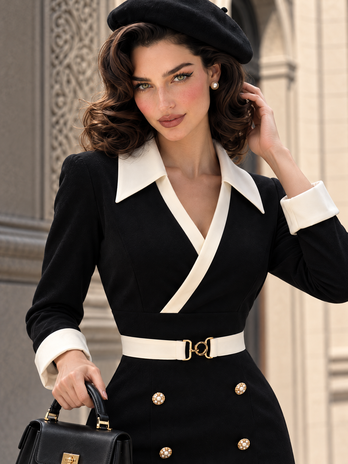 Vintage Contrast Color V-neck Belted Formal Midi Dress