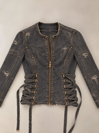 Vintage Lace-Up Rivet Distressed Denim Moto Jacket
