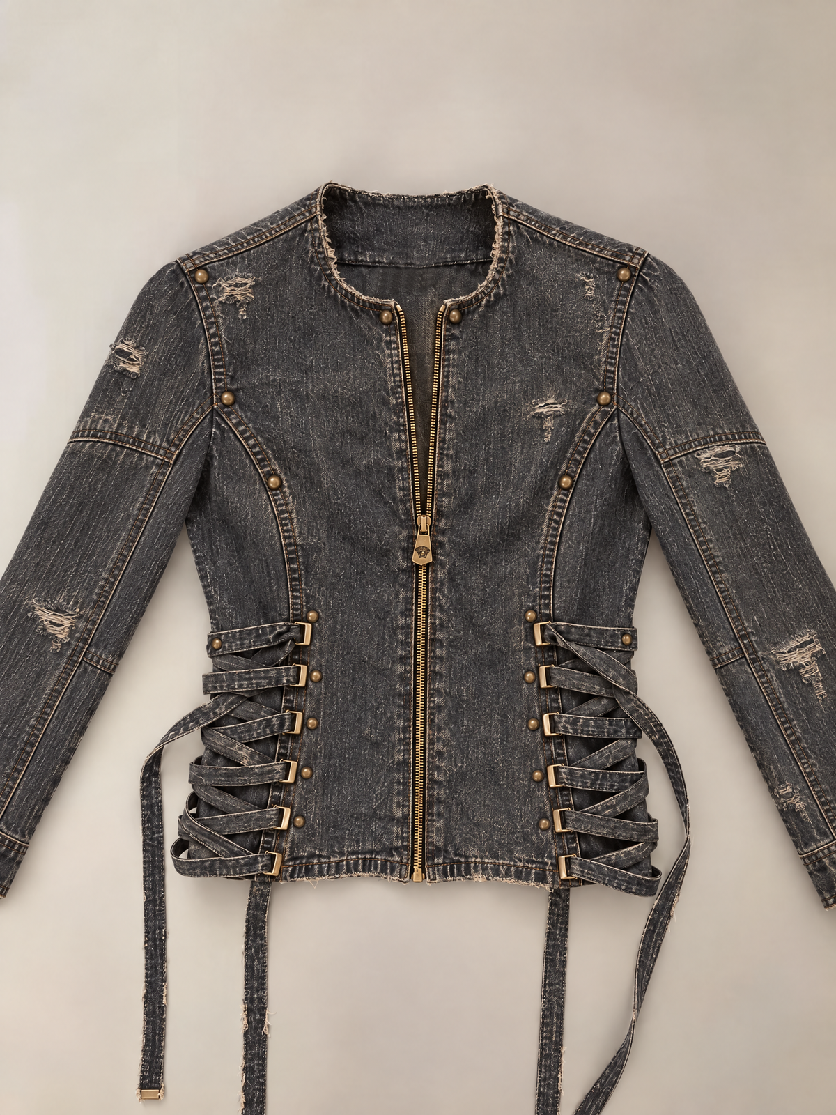 Vintage Lace-Up Rivet Distressed Denim Moto Jacket