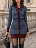 Vintage Contrast Bow-Collar Buttoned Knit Dress