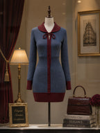 Vintage Contrast Bow-Collar Buttoned Knit Dress