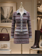 Vintage Striped Fuzzy Knit Cardigan Skirt Set