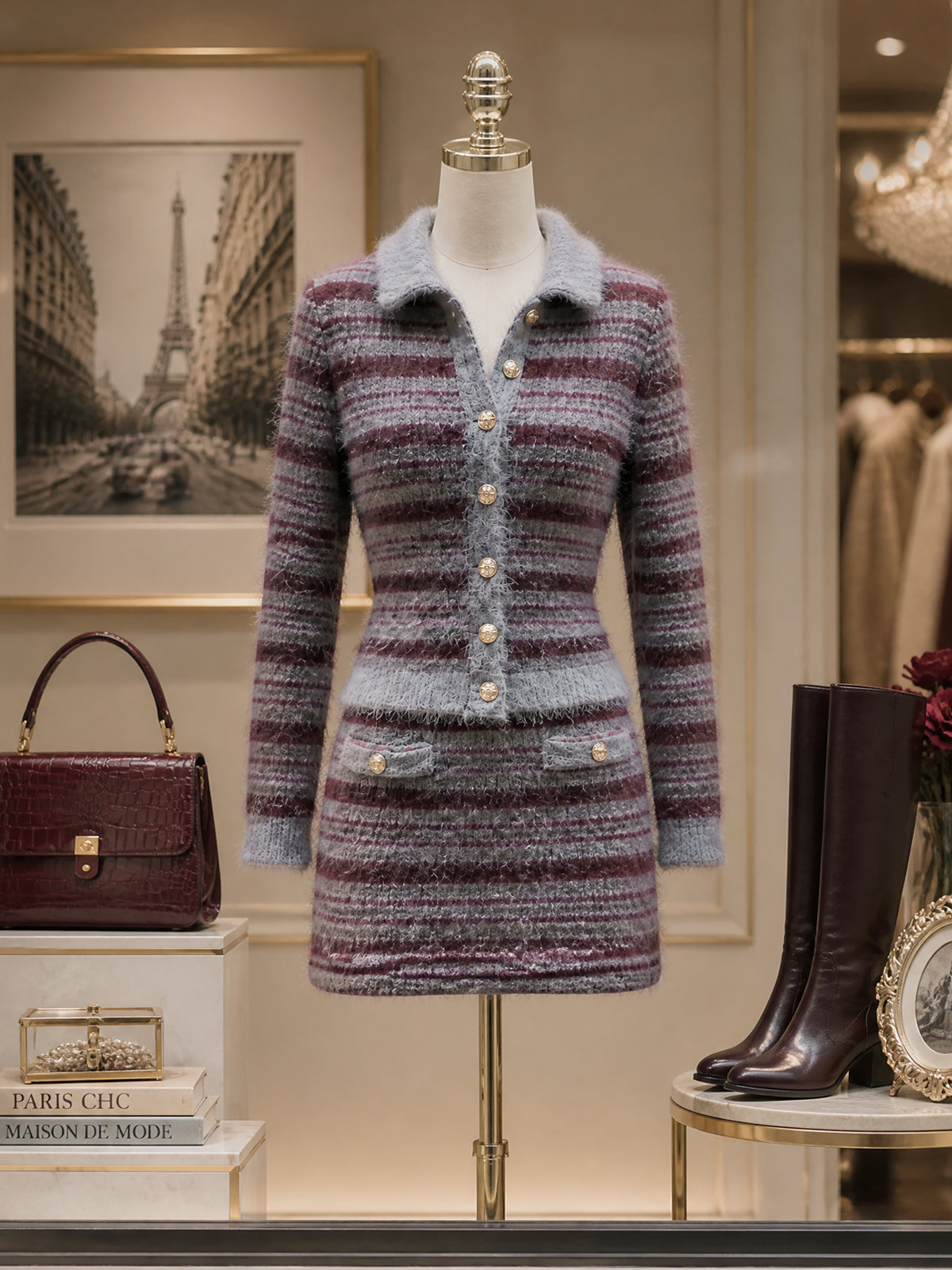 Vintage Striped Fuzzy Knit Cardigan Skirt Set