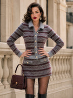 Vintage Striped Fuzzy Knit Cardigan Skirt Set