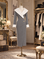 Vintage Office Chic Contrast Collar Wrap Midi Dress