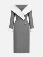 Vintage Office Chic Contrast Collar Wrap Midi Dress