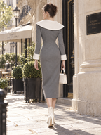 Vintage Office Chic Contrast Collar Wrap Midi Dress