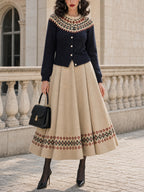 Vintage Fair Isle Hem Faux Suede Midi Skirt