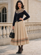 Vintage Fair Isle Hem Faux Suede Midi Skirt