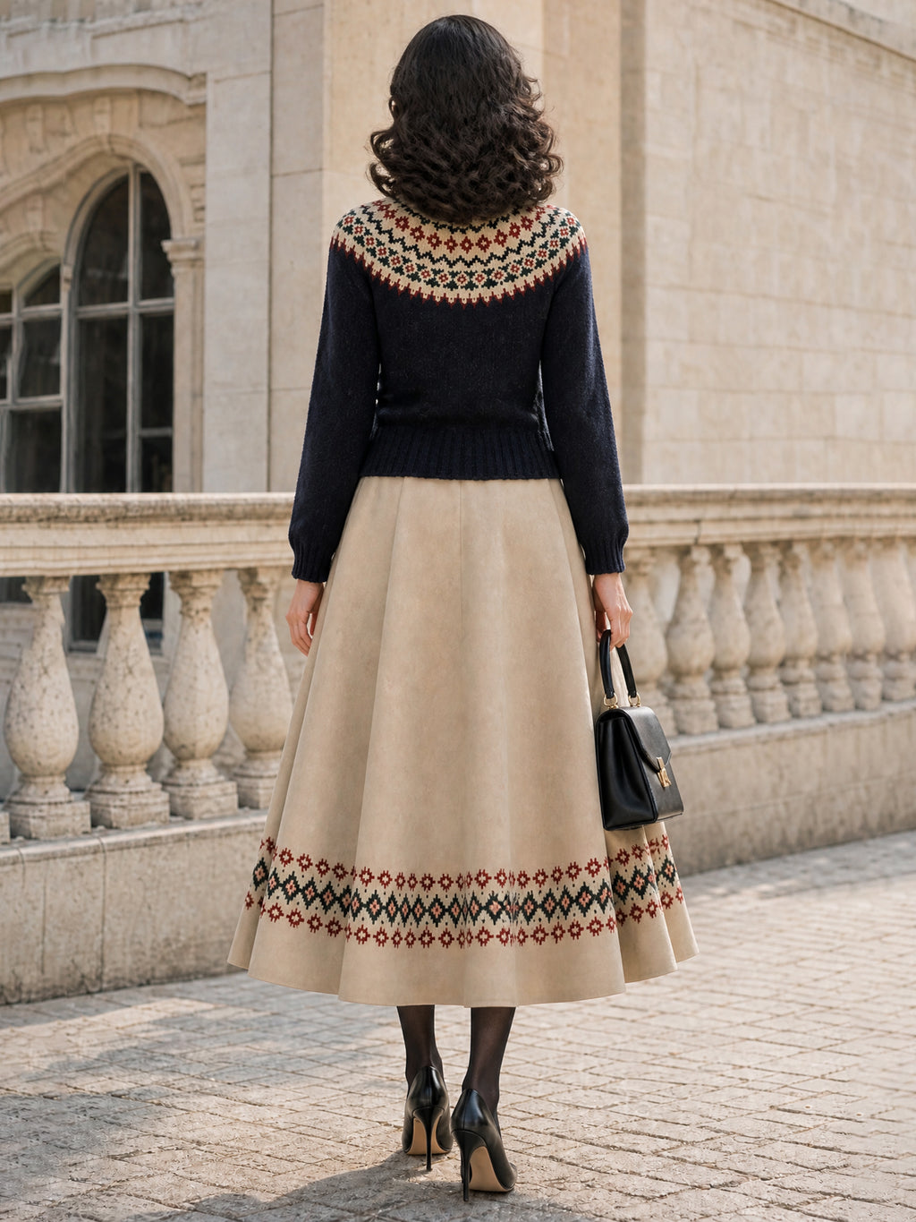 Vintage Fair Isle Hem Faux Suede Midi Skirt