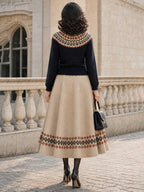 Vintage Fair Isle Hem Faux Suede Midi Skirt