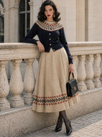 Vintage Fair Isle Hem Faux Suede Midi Skirt