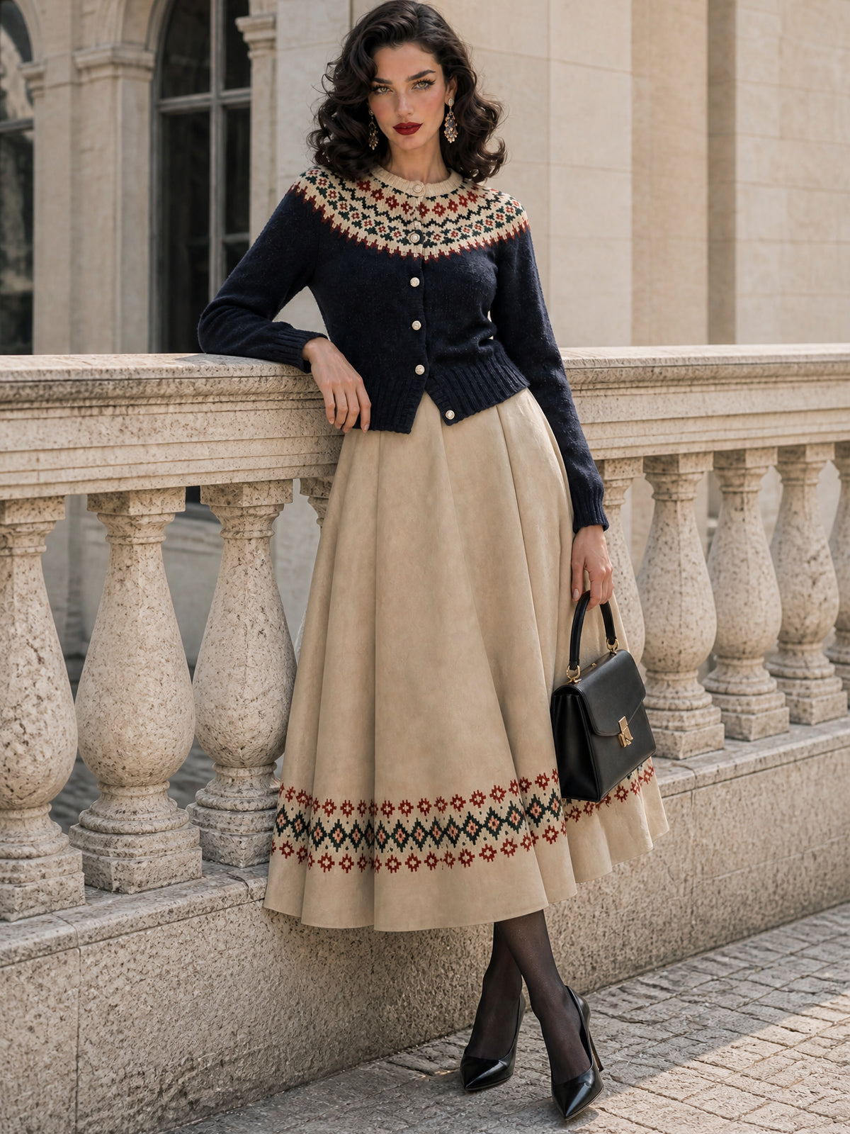Vintage Fair Isle Hem Faux Suede Midi Skirt