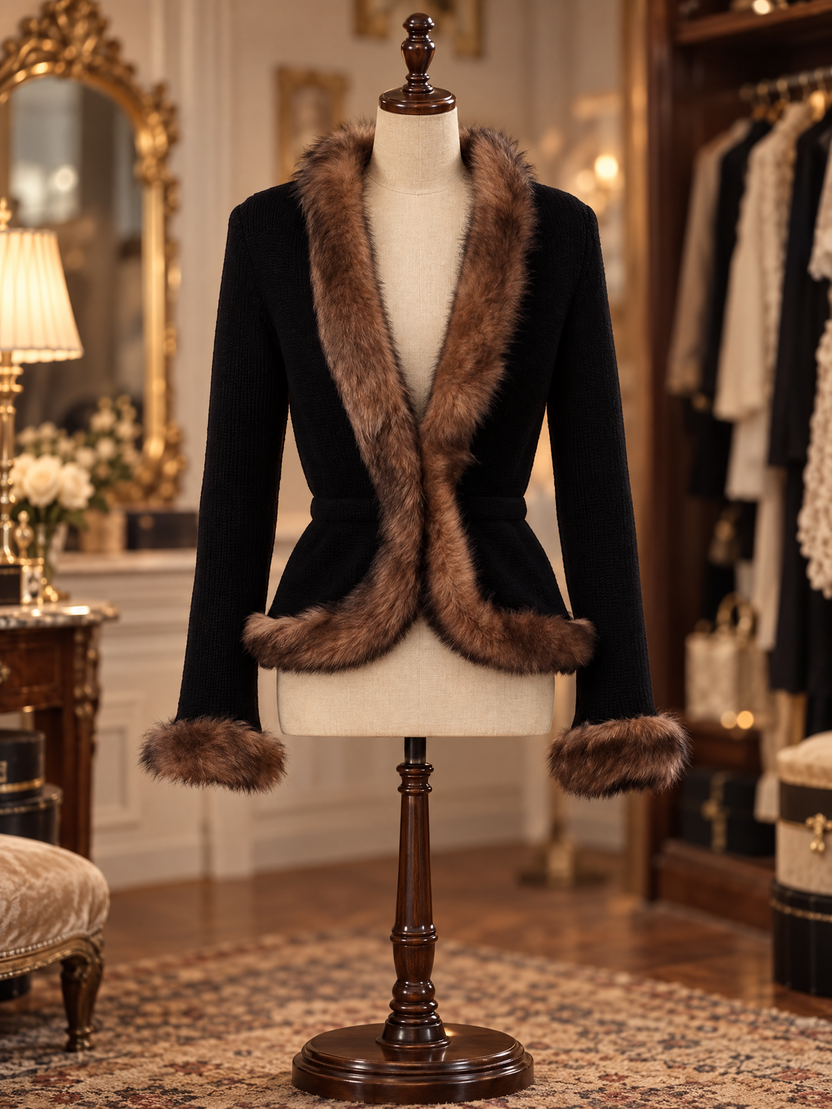 Vintage Elegant Slimming V-Neck Long Sleeve Faux Fur Trim Cropped Jacket