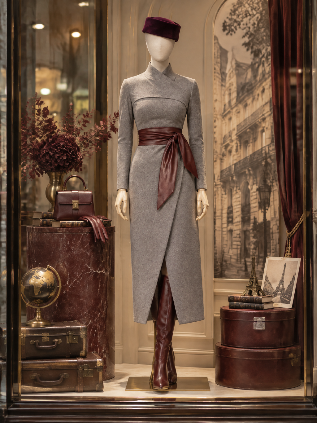 Elegant Vintage Heather Grey Wool-Blend Midi Dress