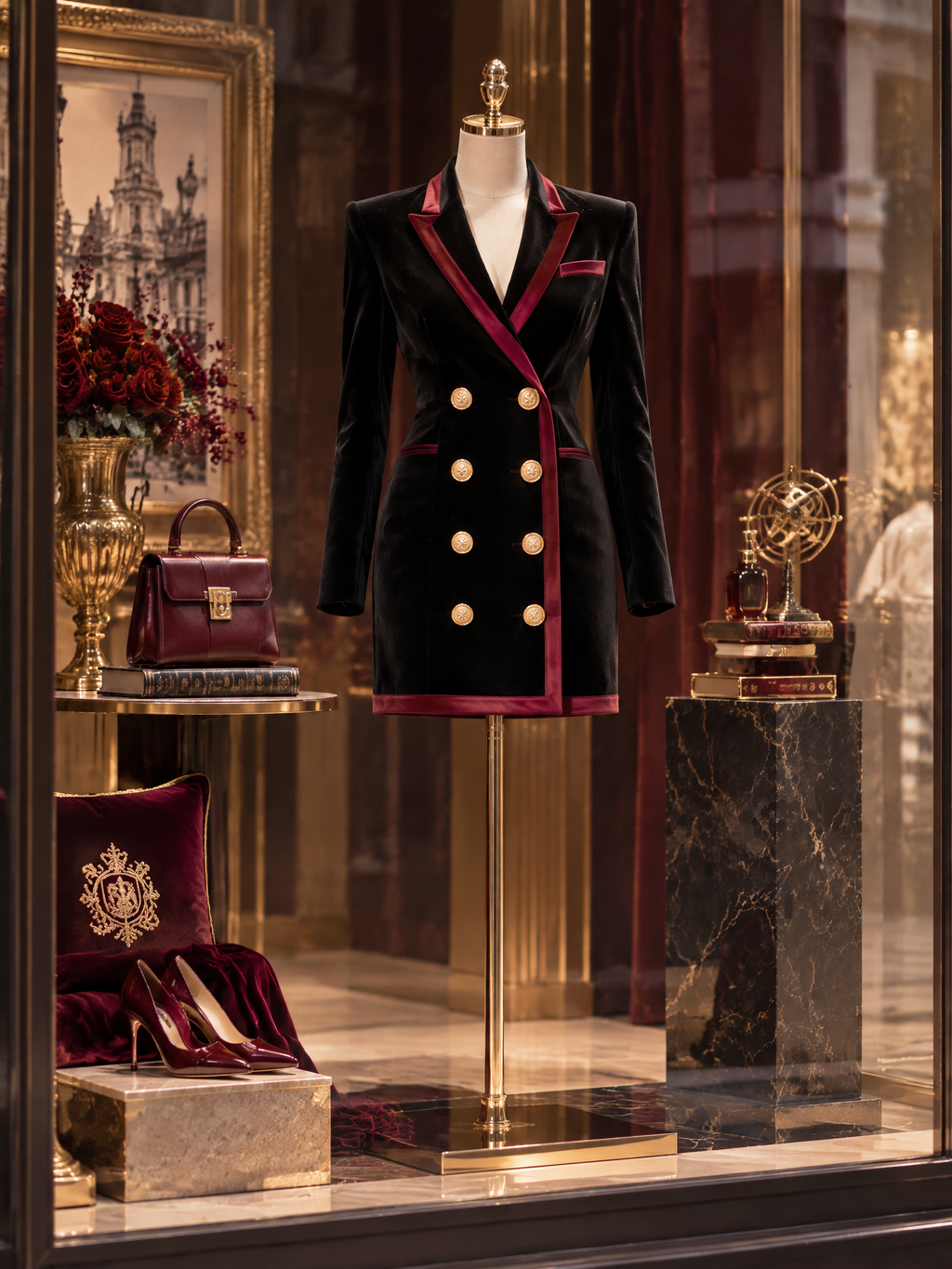 Retro Black Velvet Contrast Wine-Red Piped Blazer Mini Dress